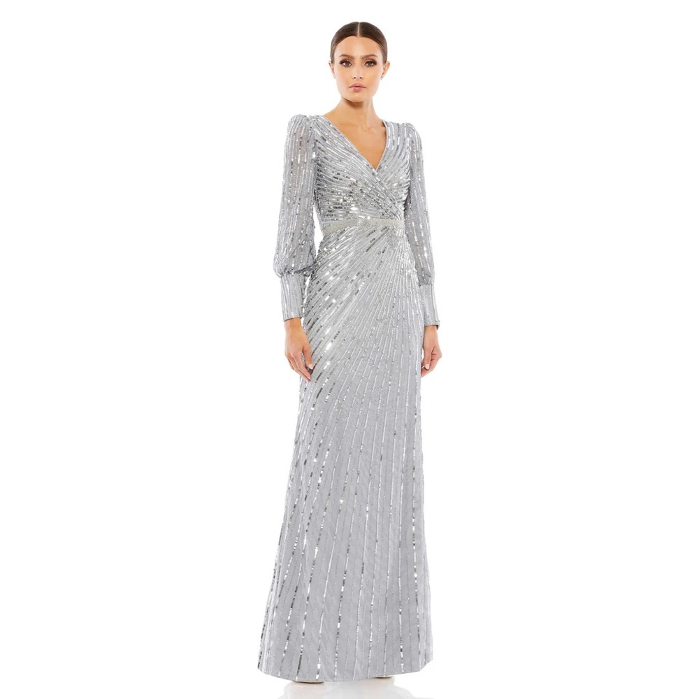 NWT $598 MAC DUGGAL SEQUINED WRAP OVER BISHOP SLEEVE GOWN DRESS SILVER 5501